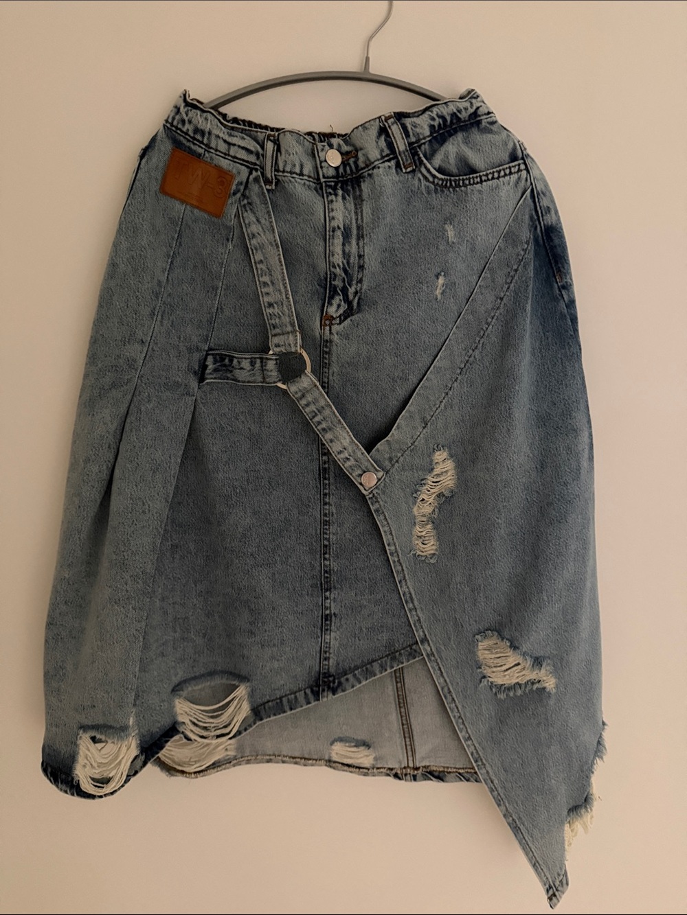 Beautiful Distressed Asymmetric Denim Skirt - Light Blue